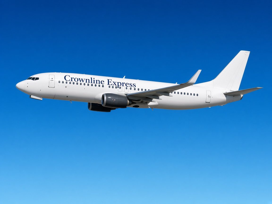 A white jet in flight with Crownline Express on the fuselage