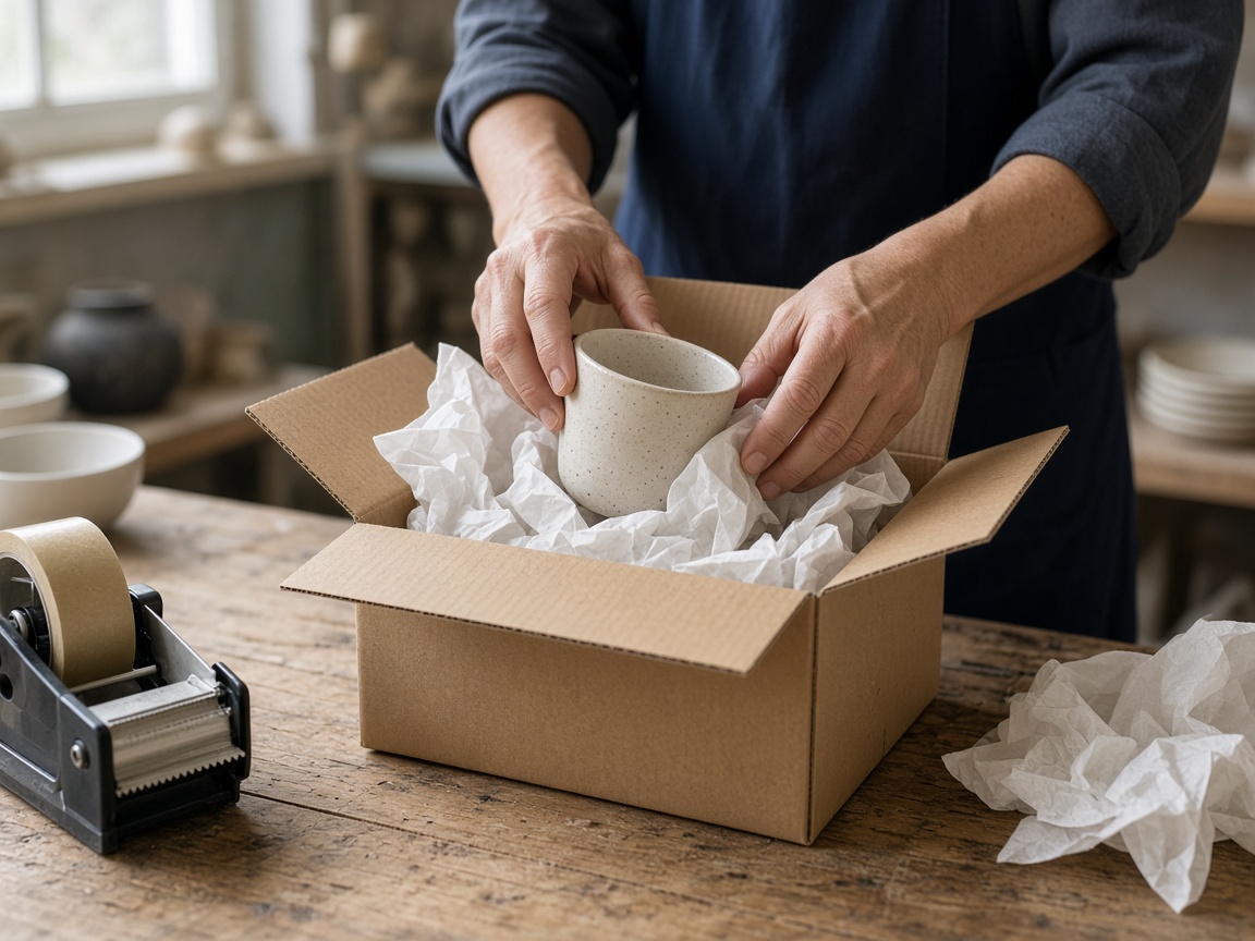 A small-business owner carefully packing a ceramic cup into a cardboard box with tissue paper.
